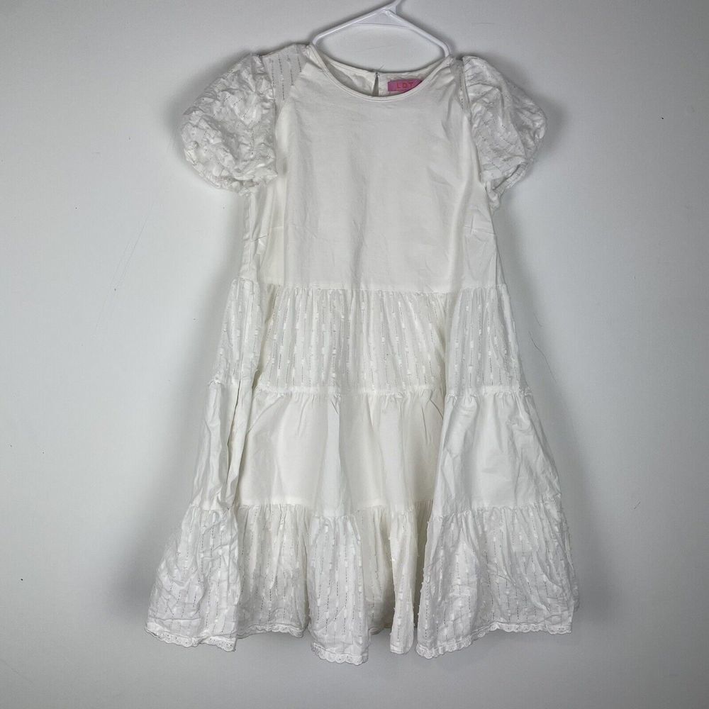 LDT Size 2 Solid White Crew Neck Cap Puff Sleeve Tiered Swing Dress Pockets​​​​​